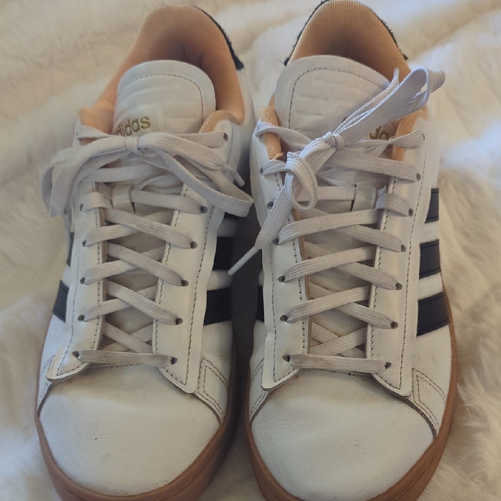 Adidas White and Black Sneakers with Tan Soles
